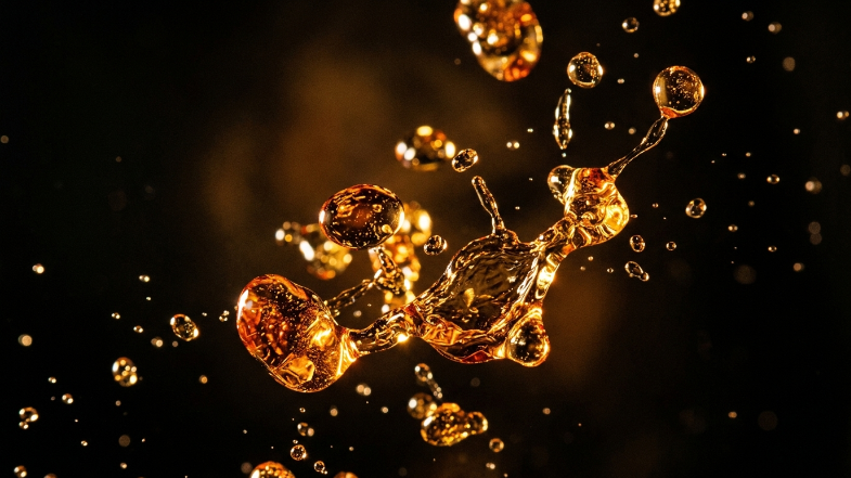Macro photo of golden liquid droplets